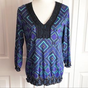 Style & Co Purple Geometrical Print Crochet Trim Nylon V-Neck Top Medium